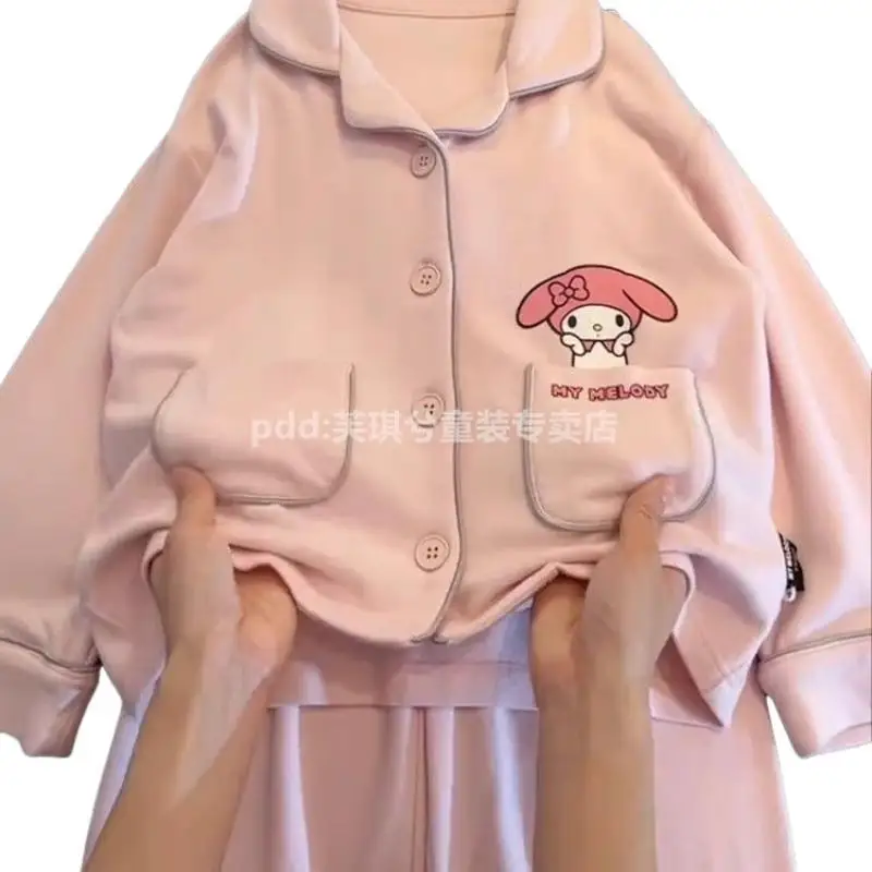 سانريو بنات كم طويل 2 قطعة بلدي ميلودي الأطفال نمط جديد منامة مرحبا كيتي فتاة موضة منامة ديفز الكرتون ملابس المنزل #4