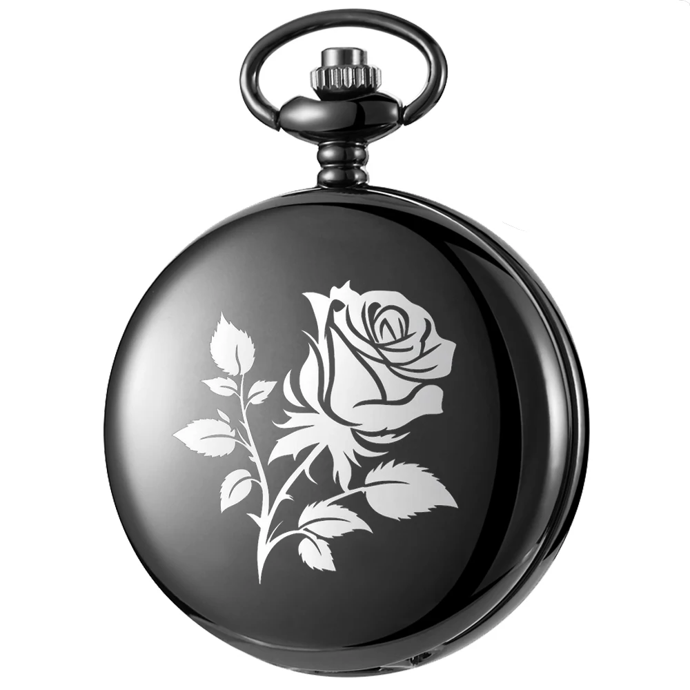 The rose with thorns design fashion carving english alphabet face pocket watch a belt chain Black quartz watch perfect gift