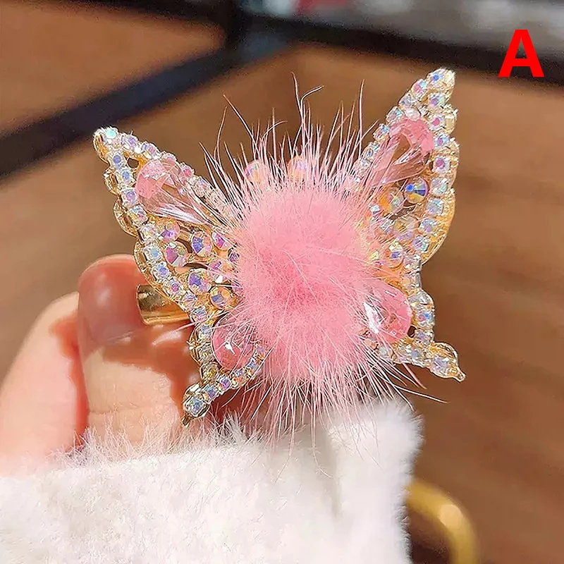 3D Movable Butterfly Hairpin Elegant Rhinestone Hair Clips For Women Fur Ball Barrettes Hair Clip Headwear Hair Accessories