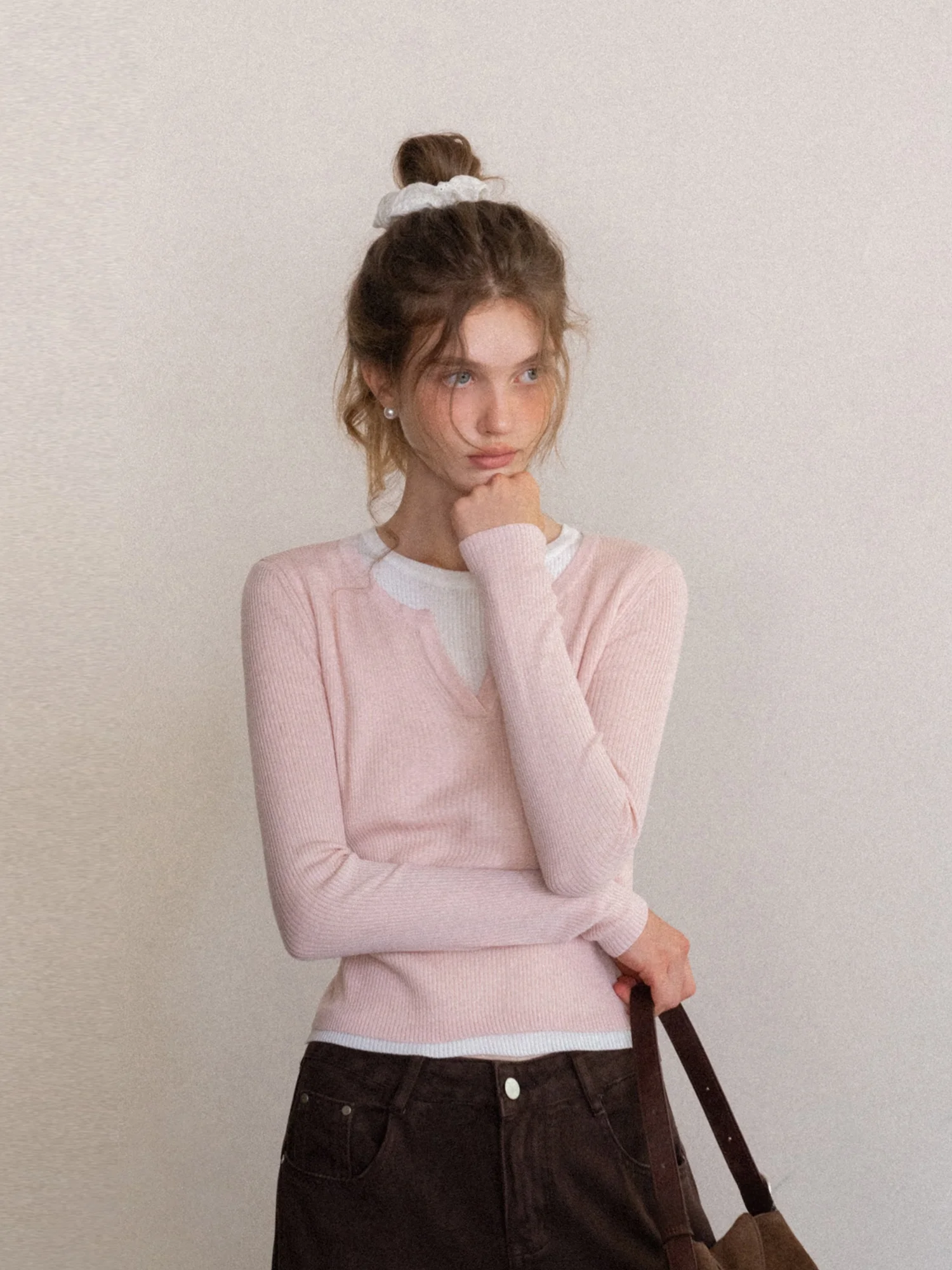 

Eggka Color Blo Long Sve Knitted Casual Top Women Slimming Versatile Lazy Sle Polyester Fiber round Neline Full Length