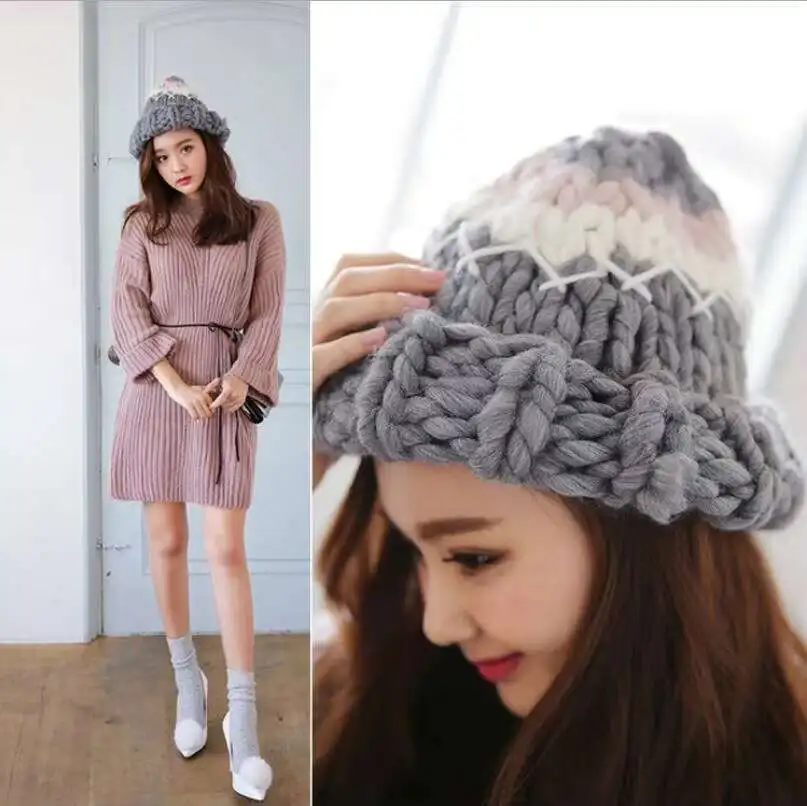 2017 new women warm Winter Hats Casual Acrylic Rushed Female Hand Coarse Knitted Hat For Women Beanie Gift Fast delivery