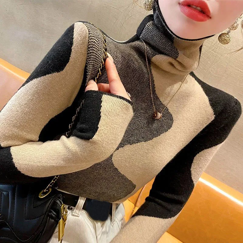 High neck sweater for women autumn and winter new autumn winter base sweater high-end pullover color blocked knit inner layer