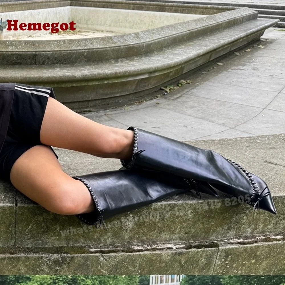 Black Sewing Lace Up Knee High Boots Glossy Kitten Heels Women\'s Long Boots Solid Pointy Toe Casual Shoes New Designer 2024 Sexy
