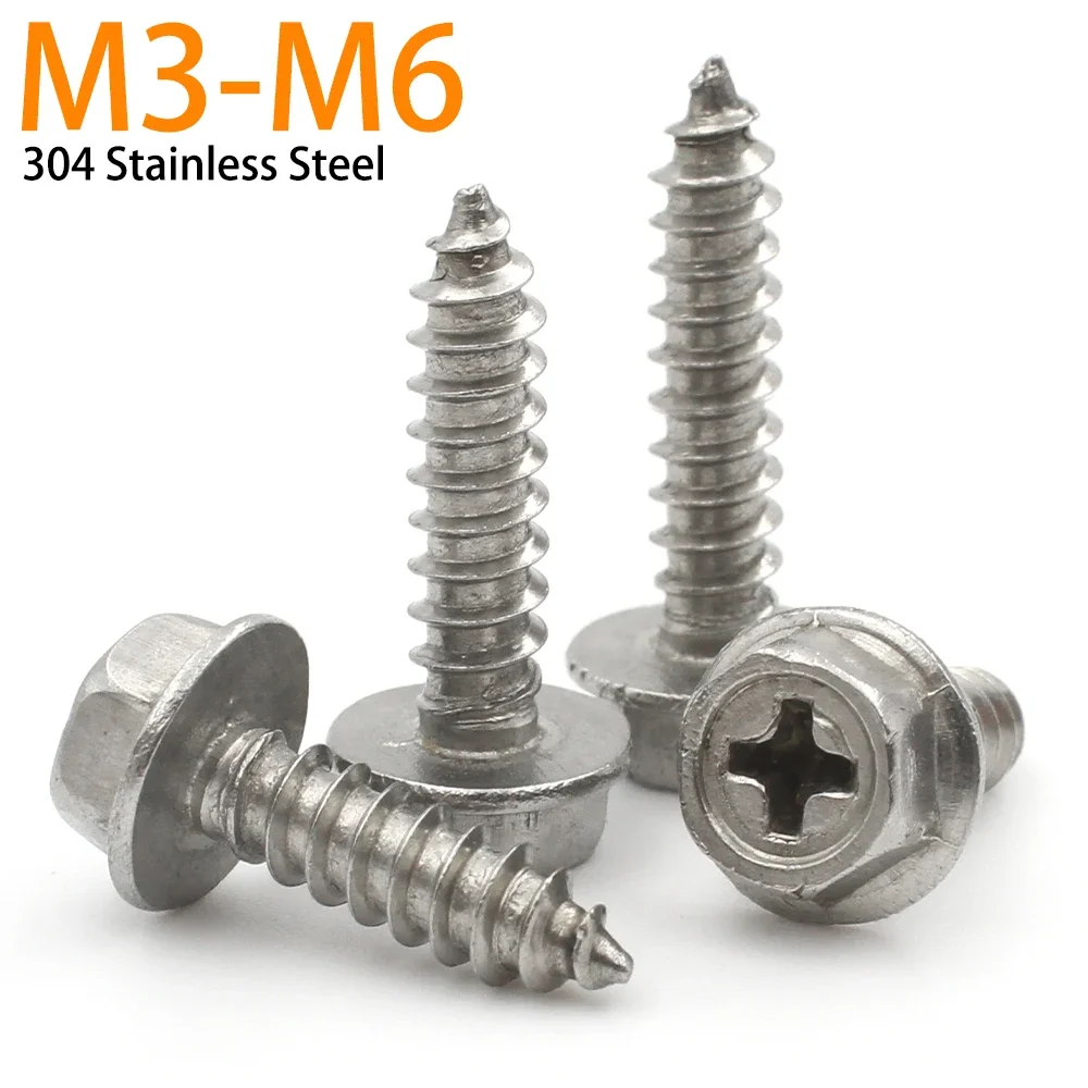 5/10pcs M3 M4 M5 M6 304 Stainless Steel Self-Tapping Phillips Cross Recessed Hex Hexagonal Flange Cross Head Screws