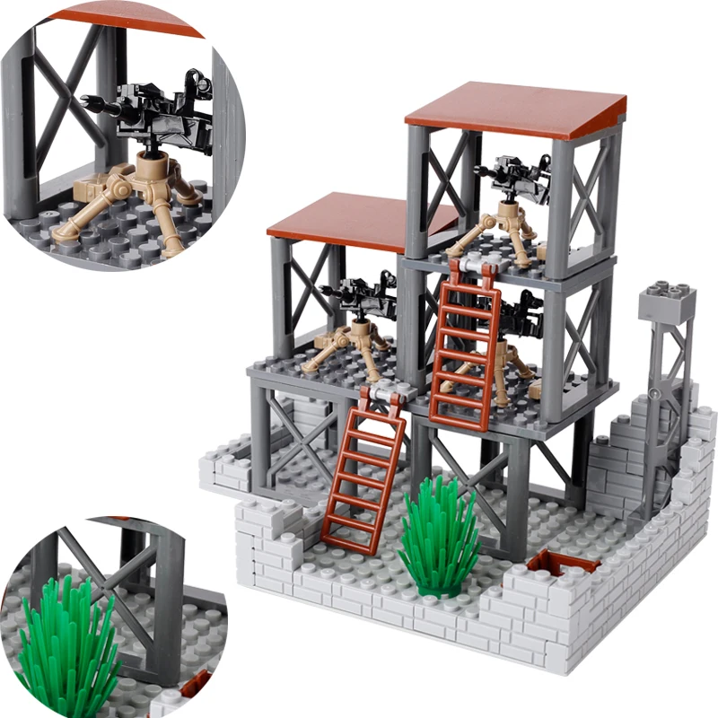 WW2 wojskowy wojskowy pole bitwy Model blokady klocki wieża stolarska polecenie Post Bunker Model zabawki dla dzieci prezent