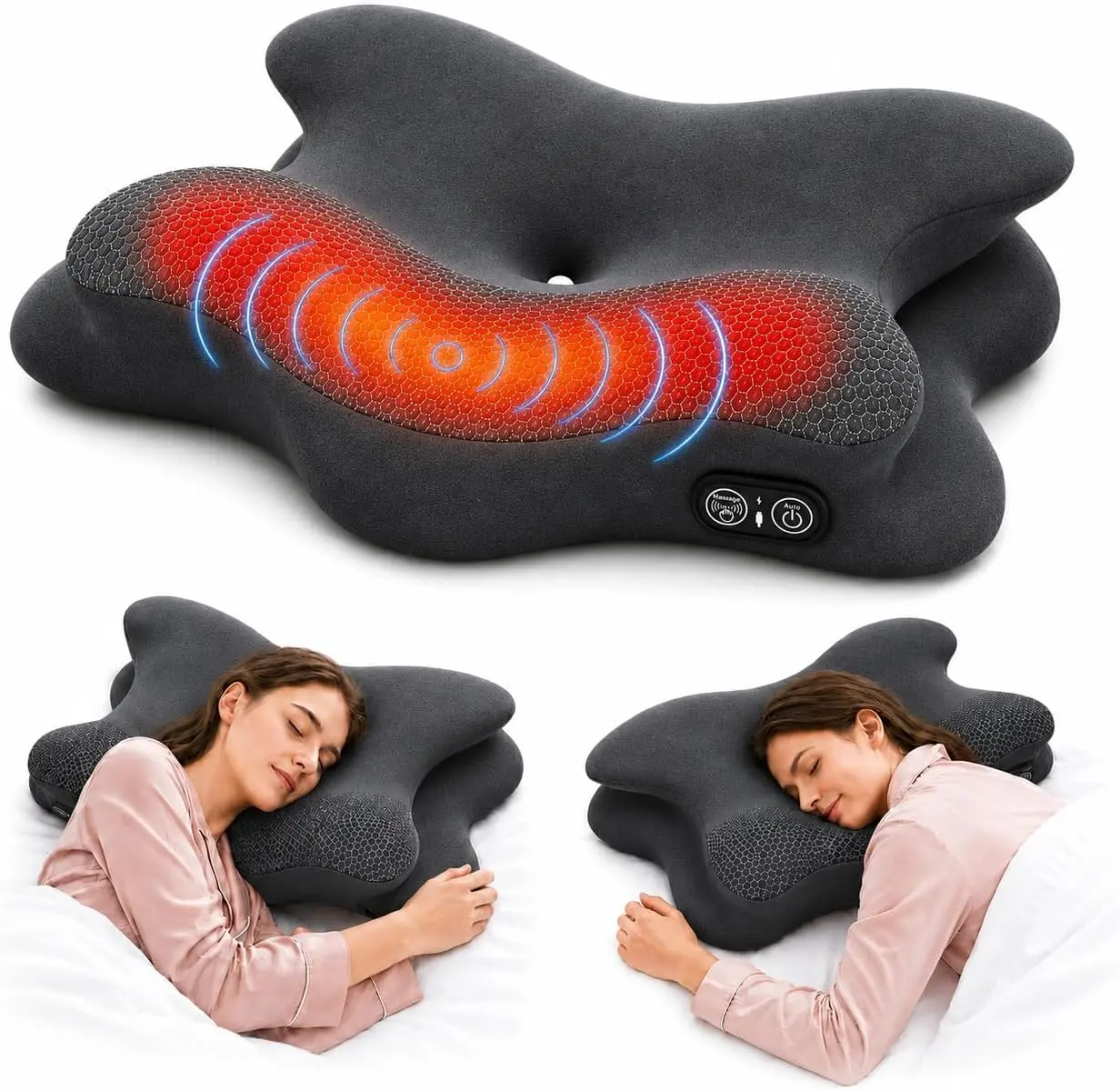 3-in-1 Cervical Neck Pillow for Pain Relief, Rechargeable Side Sleeper Pillows with Heat Vibration Airbag Lift, Memory Foam Cont