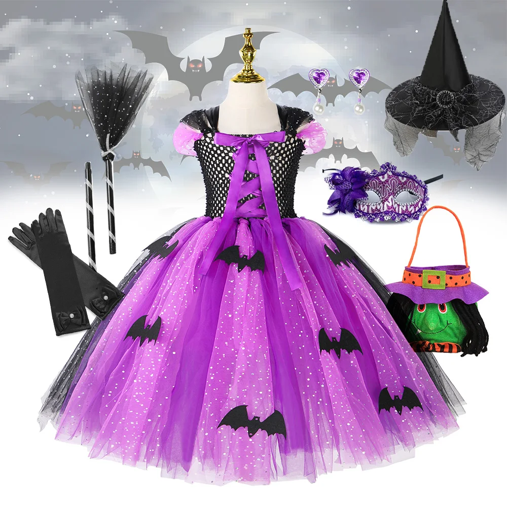 

Halloween Costume For Kids Girl Witch Cosplay Princess Dress Children Vampire Dress Up Party Carnival Puffy Tutu Dress With Hat