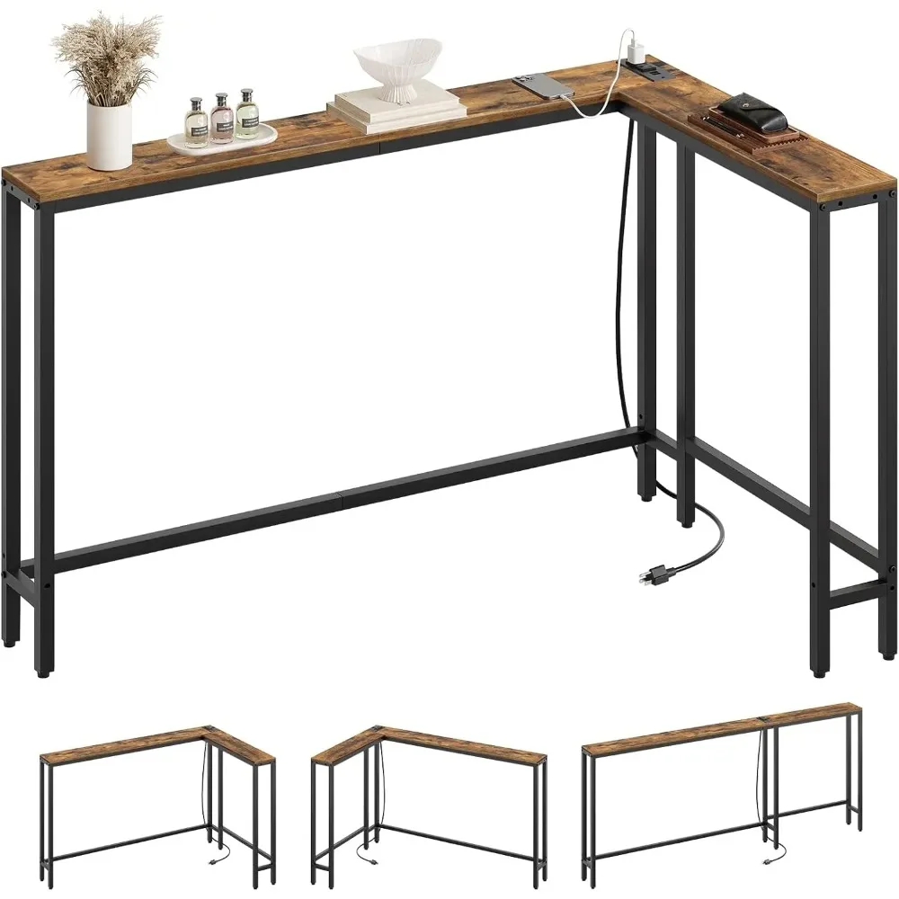 

Slim Console Table with Charging Station, L-Shaped Sofa Table for Living Room, Hallway, Rustic Brown, Easy Assembly