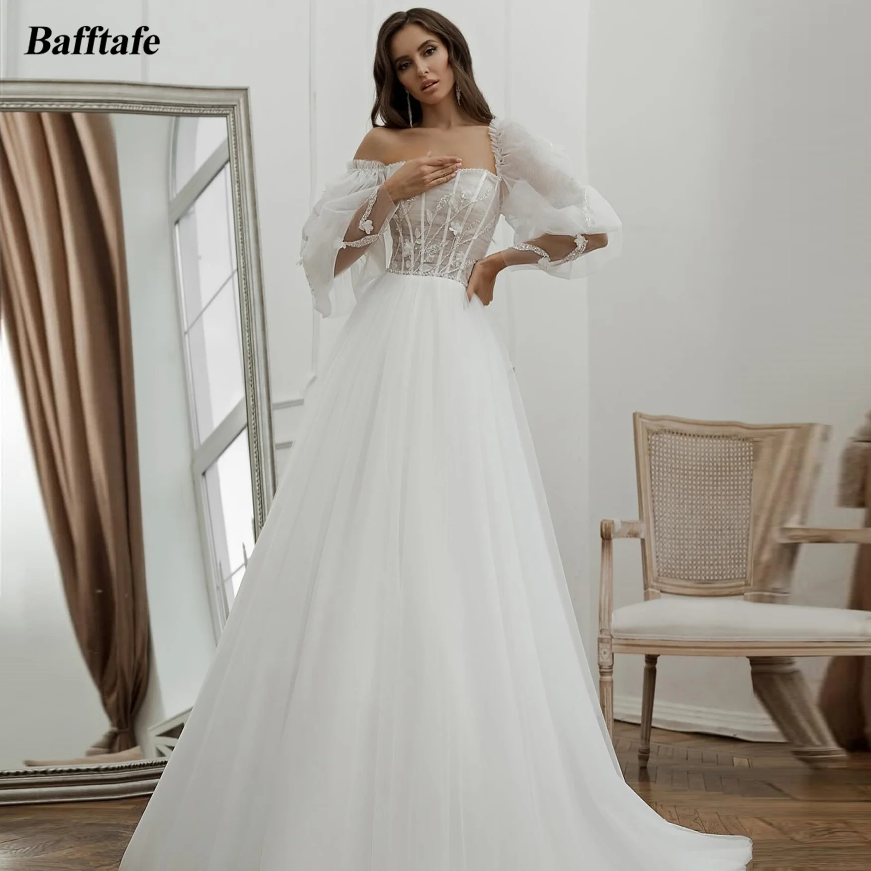 

Bafftafe Long Sleeves Tulle Boho Wedding Dresses For Bride Sequines Flowers Lace Up Corset Wedding Gowns Formal Party Dress 2024