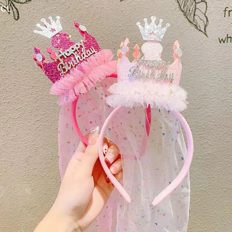 AttireTroveHappy Birthday Crown Headband With Long Sparkly Veil Princess Tiara For Girls Kids Birthday Party Photography