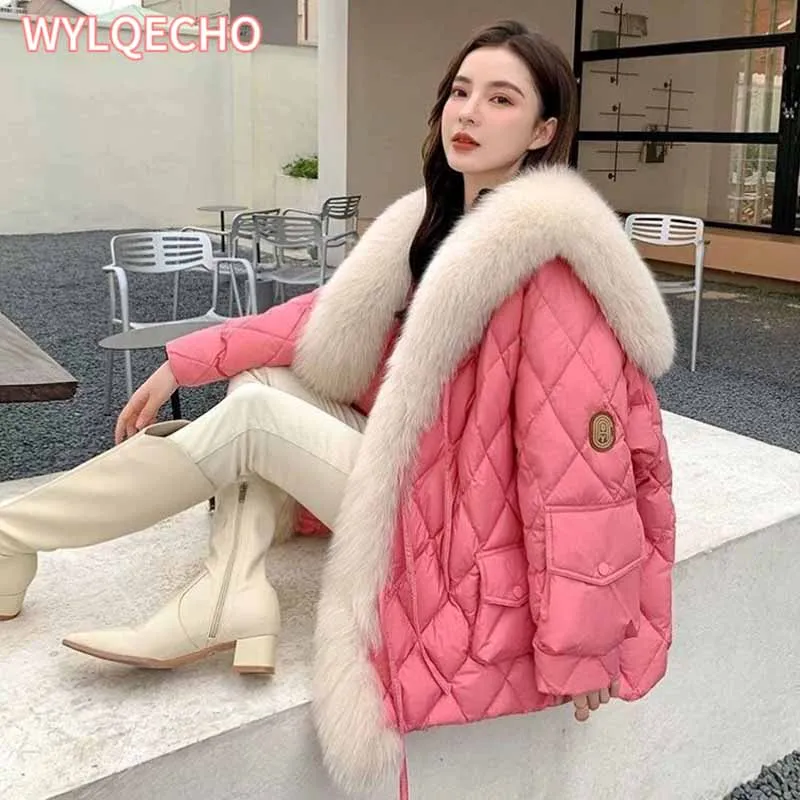 Jaqueta puffer fofa para mulheres, casaco de luxo grande, gola de pele de raposa falsa, pena solta, parka feminina, outwear de neve, à prova de vento, inverno, 2023