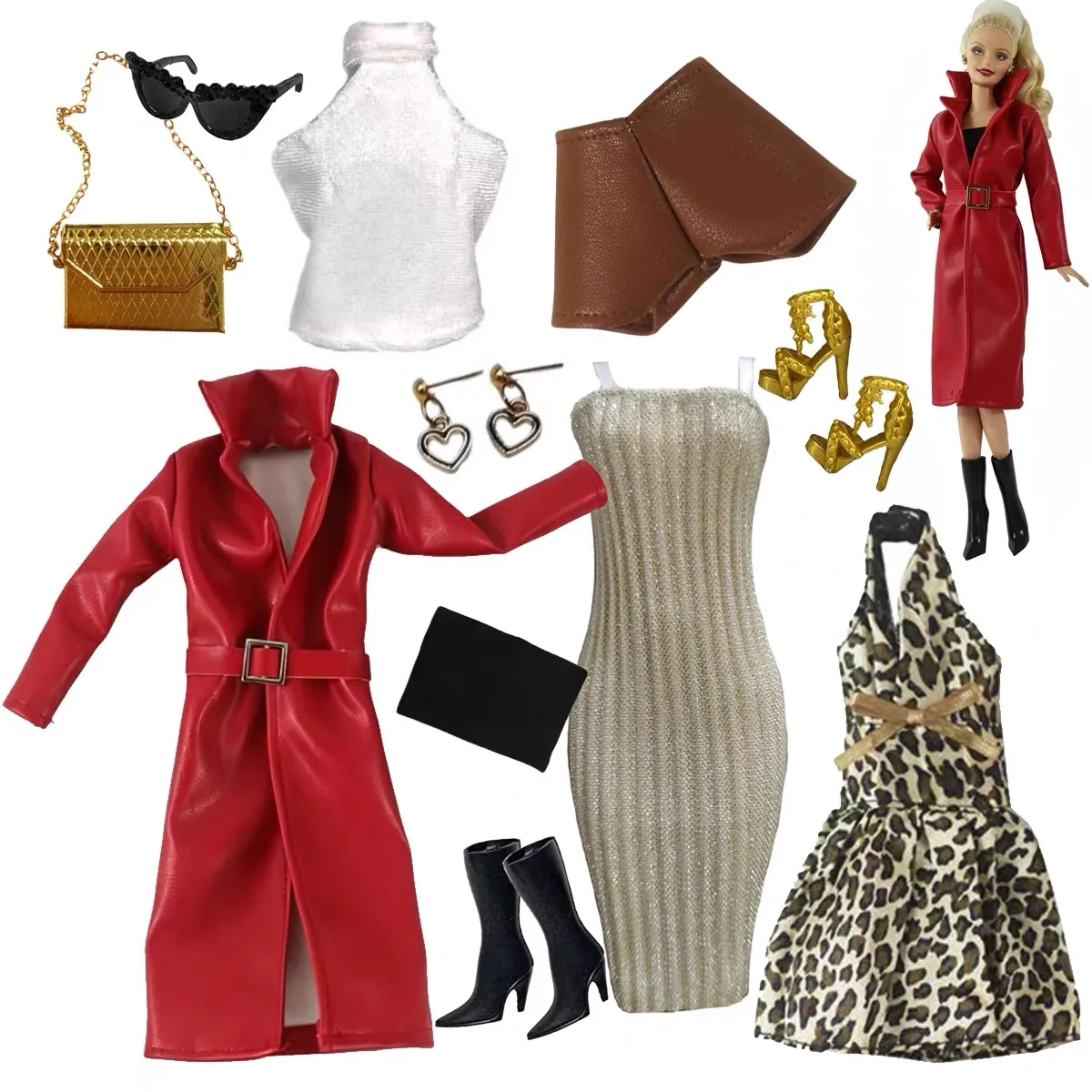 

1/6 Doll Clothes Parts City Girl Spicy Girl Leopard-print Dress+Red Leather Jacket+Shoes+Bag Set For 30cm Babi Supermodel Doll