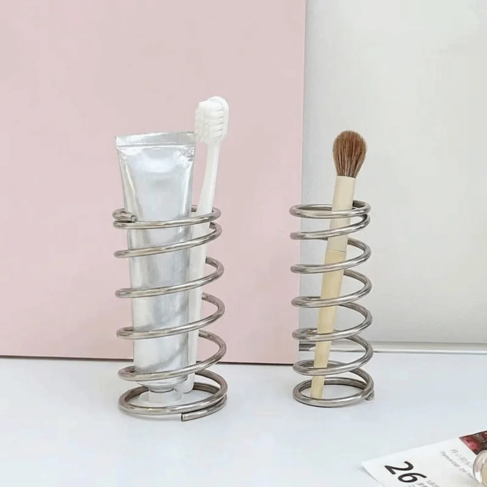 Stainless Steel Spring Shaped Toothbrush Holder Silver Hollow Makeup Brush Storage Rack Space Saving