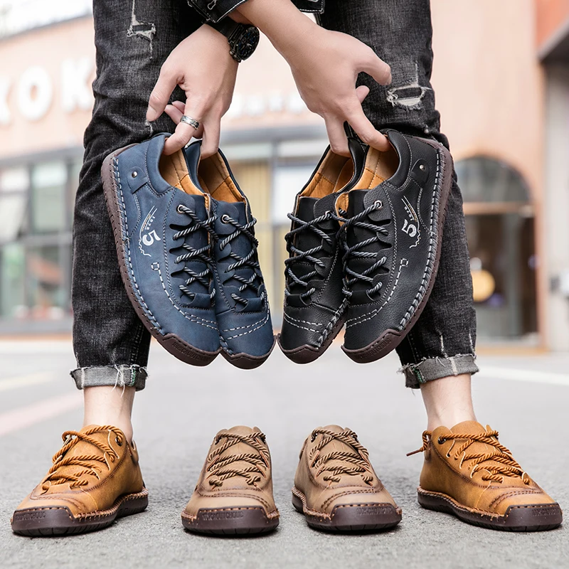 Men Genuine Leather Casual Shoes Outdoor Hiking High Quality Moccasins Comfortable Breathable Soft Non-slip Rubber Sole