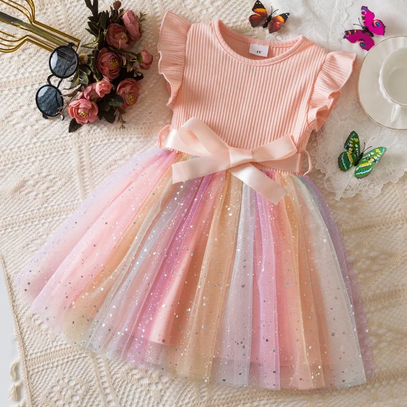 Frozen Kleinkind Mädchen Kleid Pailletten Geburtstag 1-5Y Mädchen Regenbogen Tüll Kleid Süßes Kind Prinzessin Kleid Hochzeit Party Süßes Kleid Geschenk