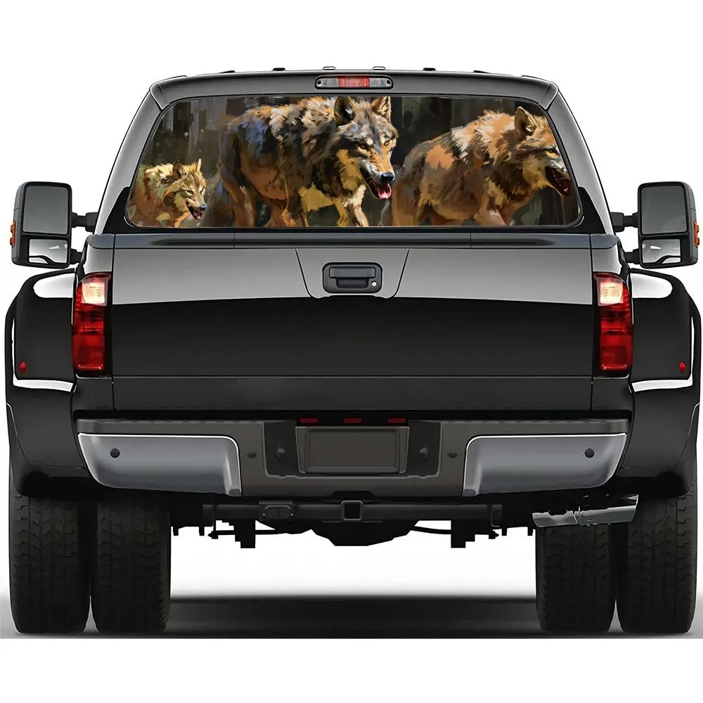 

Wolf Pack Chasing in The Forest Наклейка на заднее лобовое стекло автомобиля Окно грузовика Прозрачная перфорированная виниловая наклейка на заднее окно Декор