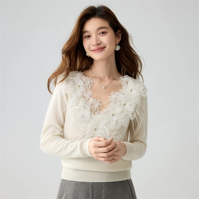 100% Cashmere Sweater Women V-Neck Pullover Autumn Winter Handmade beaded flower Pure Cashmere Knitwear Soft Graceful Tops