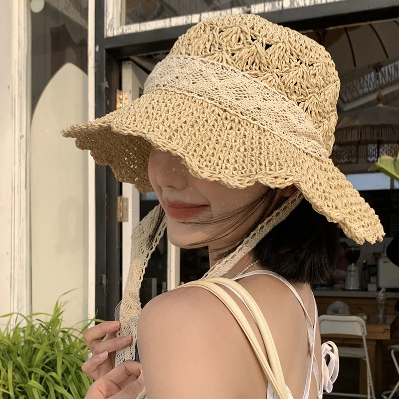

OMEA Summer Straw Hat Lace Wavy Edge Beach Hat Women Korean Windproof Ribbon Travel Wide Brim Sun Hat Elegant Bucket Hat Holiday