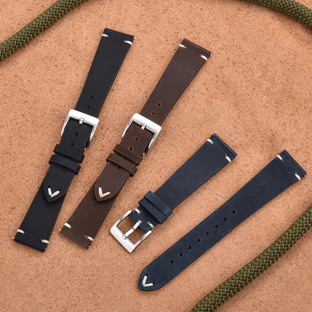 

Hot New Design Crazy Horse Leather Watch Strap 18mm 20mm 22mm Vintage Frosted Leather Watchband Quick Release Watch Accessories