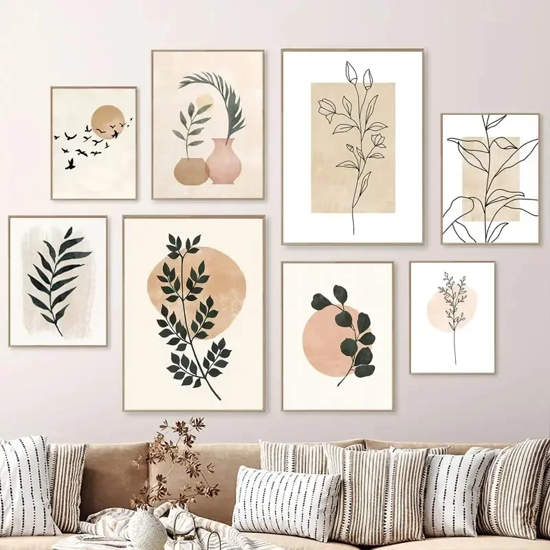 Abstract Canvas Painting Boho Natural Plant Bird Sun Leaf Lines Wall Art Pictures Living Room Home Decorative Paintings