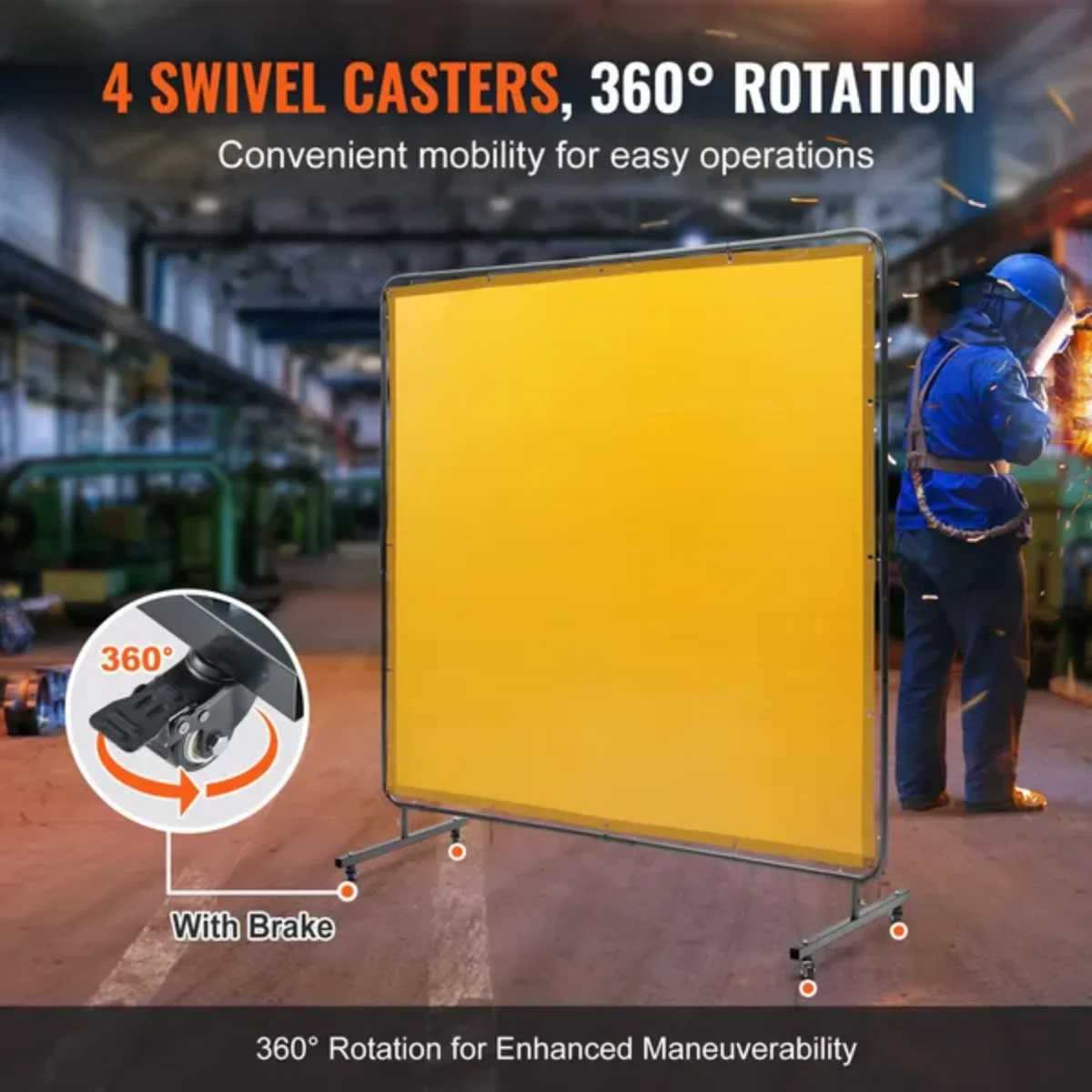 VEVOR 6'x6' Fire-Retardant Welding Screen - 4 Wheels (2 Lockable) - Yellow for Workshops