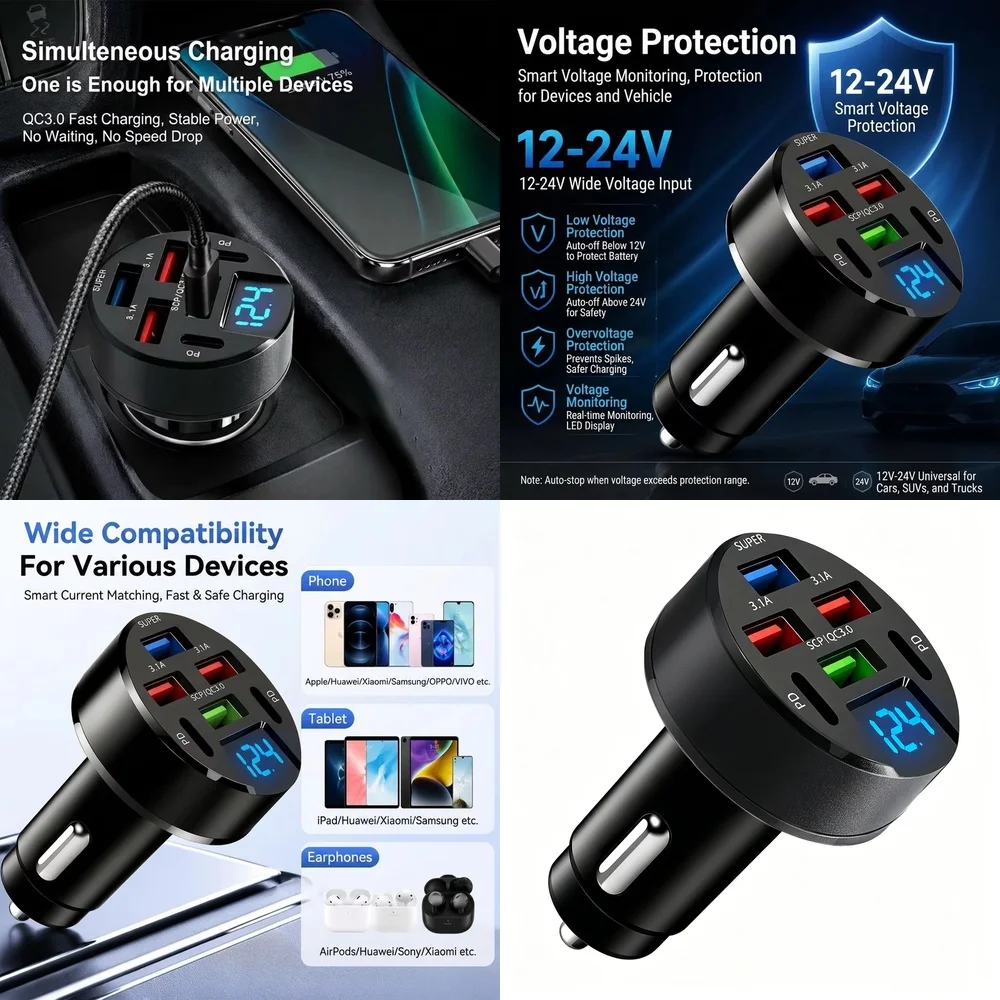 Multi Port 6 in 1 Car Charger 100W with LED Digital Voltage Display QC3.0 PD USB Fast Charging for iPhone Samsung Tablet