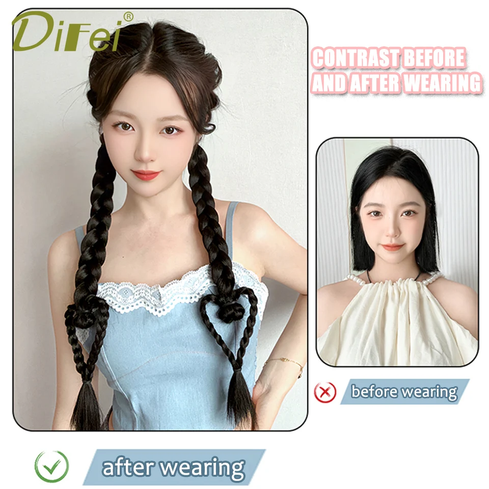 DIFEI 2pc Love Braid Synthetic Wig Ponytail Children Love Braided Hair Girl Playful Boxing Braid Double Ponytail Wig