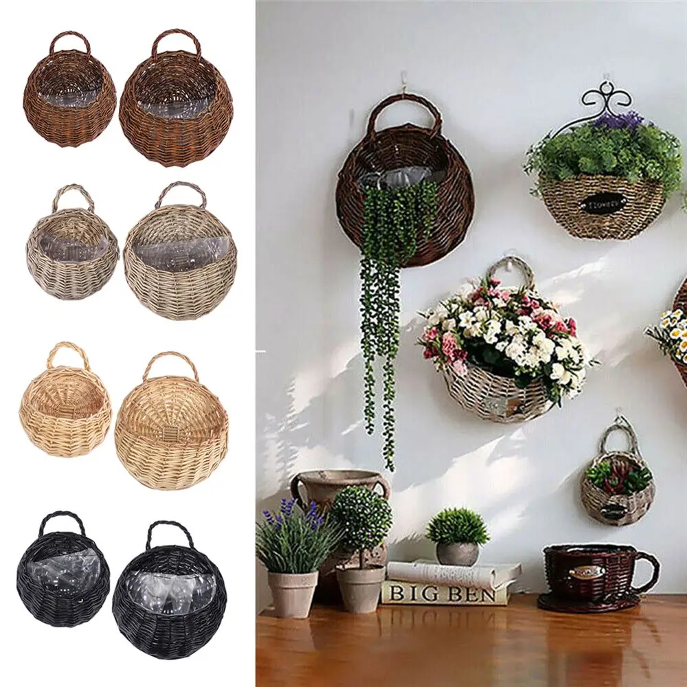 Wall Hanging Natural Wicker Woven Flower Basket Planter Rattan Vase Basket Home Garden Wall Decoration Storage Container