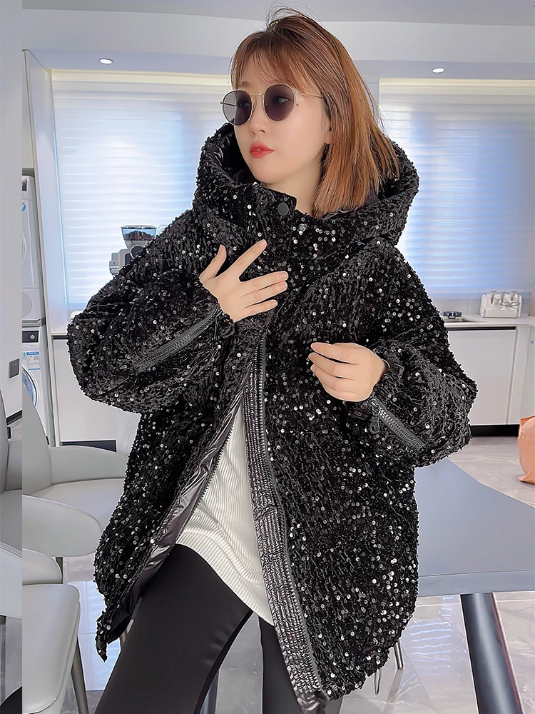 Full Sequins Women Winter Down Jacket Thick Parka Coat With Bling Bling Fashion Design Puffer OVERCOAT