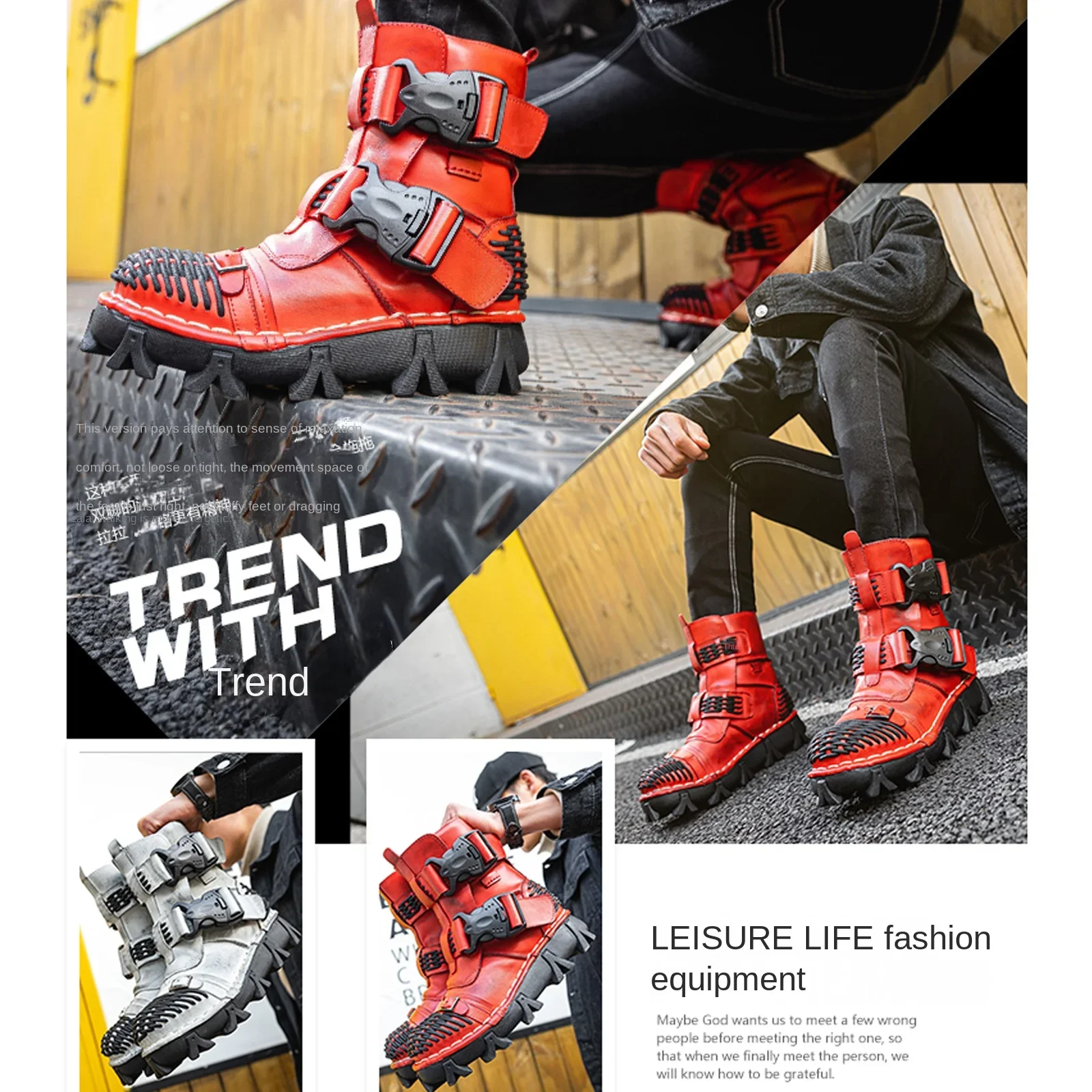 Men's Genuine Leather Motorcycle Boots,Goth Skull Buckle Strap Punk Thick Heel Mid-Calf Combat Boots Work Shoes Red view 3