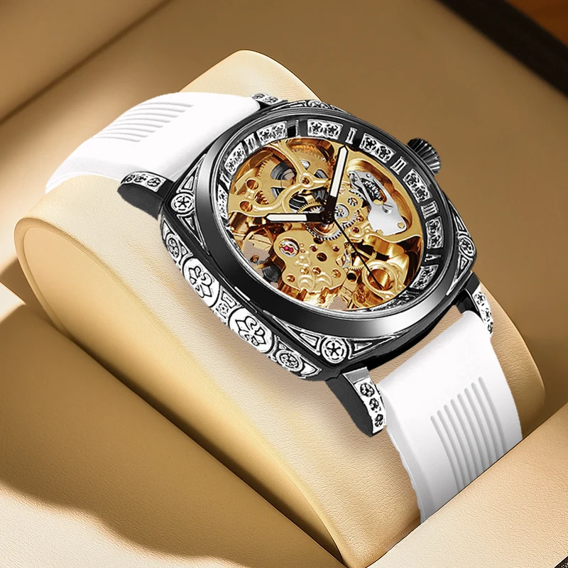 

Мужские автоматические механические часы с белой лентой, повседневные ажурные римские цифры
