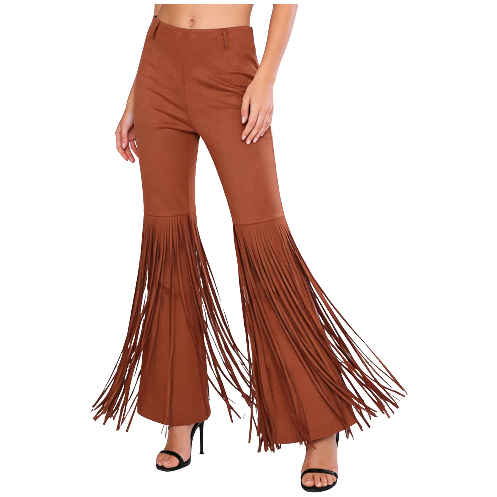 Women Western Cowgirl Tassel Flared Pants Raves Vintage Cowgirl Fringed Trousers Zipper Bell Bottom Long Pants for Party Club
