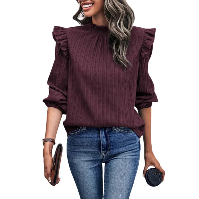 Women Ruffle Trim Decoration Lantern Long Sleeve Chiffon Shirt Autumn Stand-up Collar Pullover Blouse Female Elegant Loose Tops