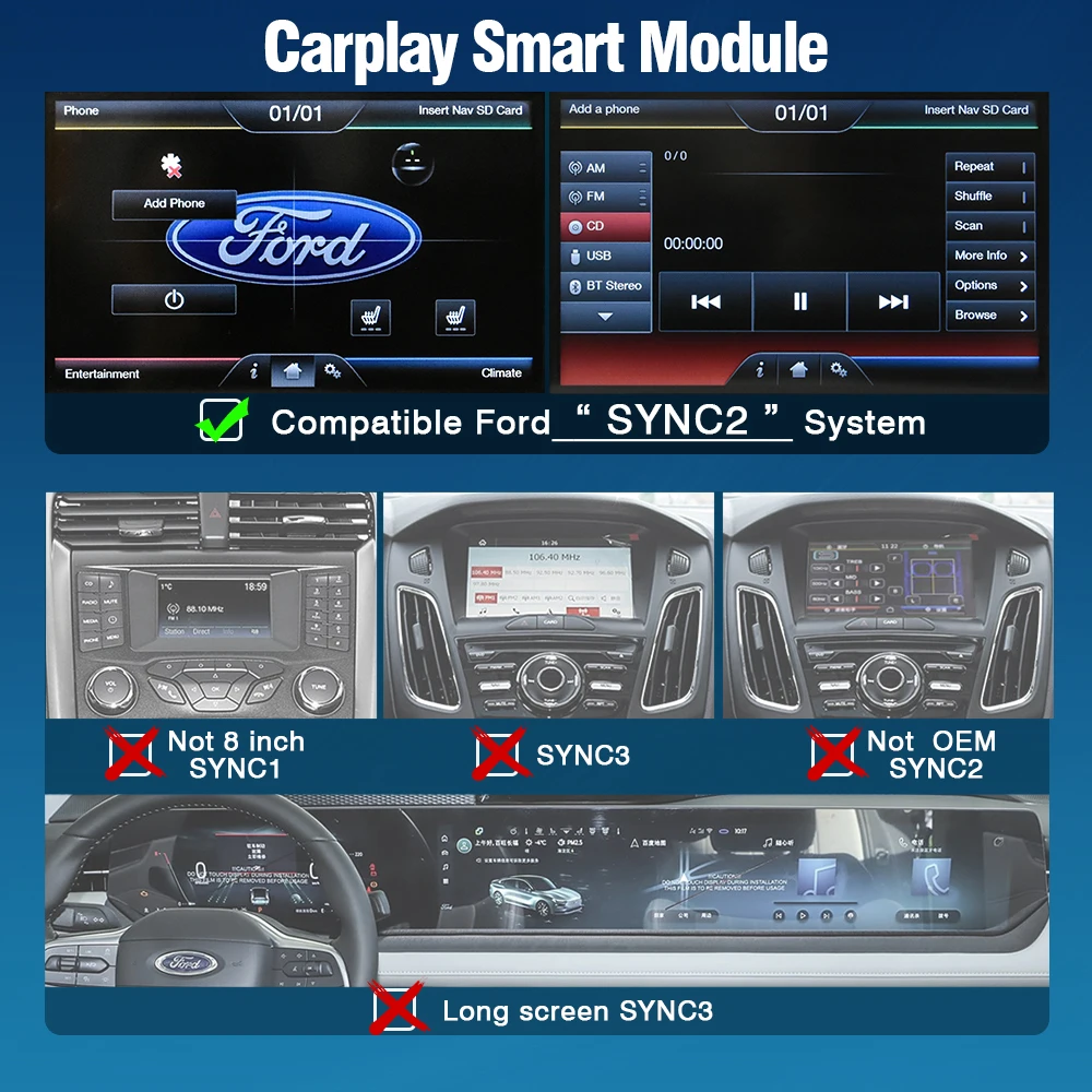 صندوق CarPlay من AUTOTOP لسيارة Ford Mondeo Focus Escape Fiesta Edge F-150 Transit Connect Edge 2011-2017 Sync 2، أندرويد لاسلكي Auto
