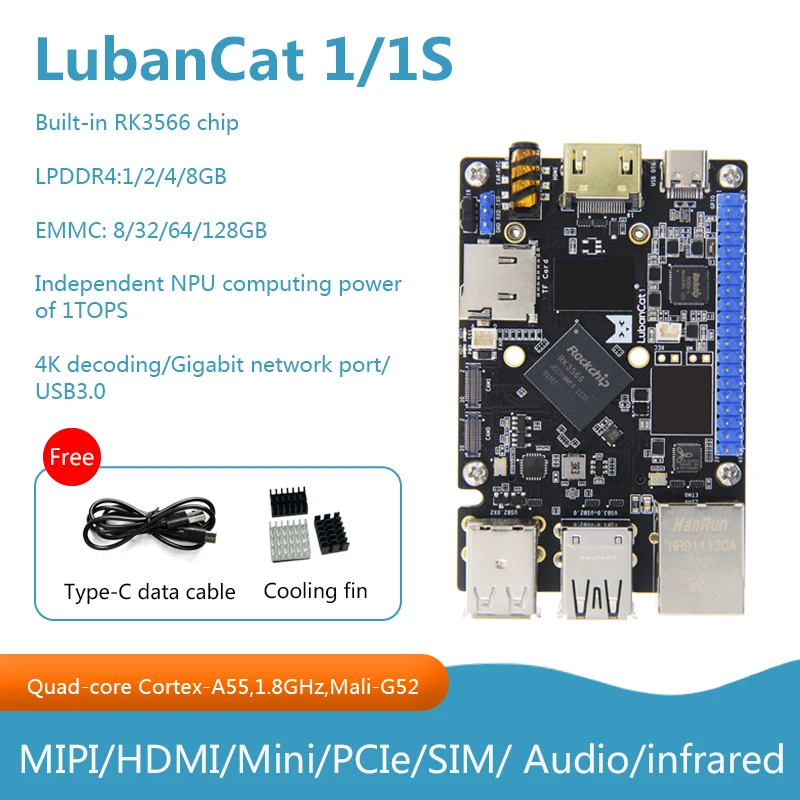 LubanCat 1/1S Development Board Quad-core Cortex-A55 Built-in RK3566 Chip Independent NPU Computing Power of 1TOPS 4K Decoding