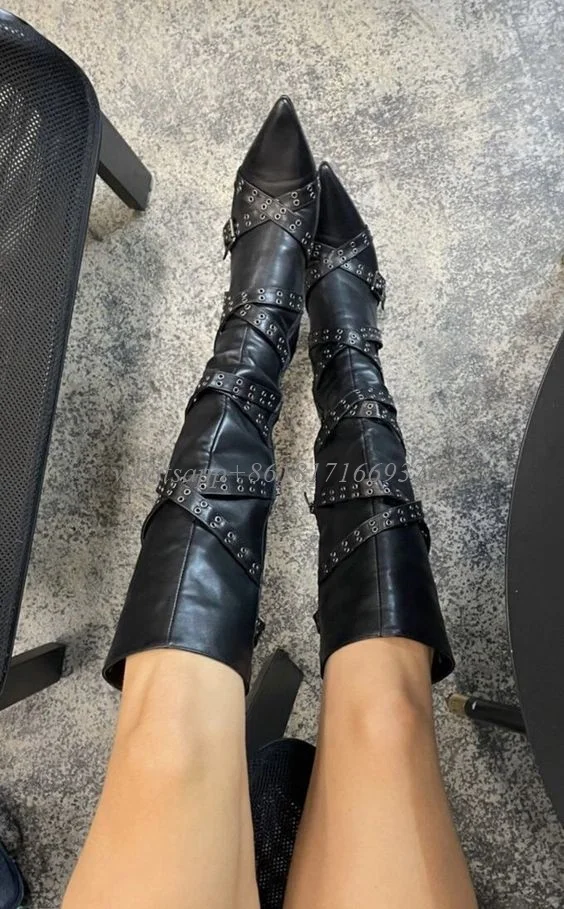 2023 Design Pointed Toe Leather Buckle Boots Women Stiletto High Heel Studed Knee High Gladiator Boots Fashion Lady Dress Shoes