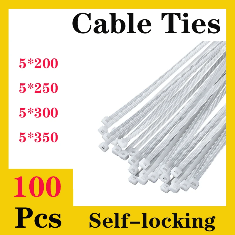 

100Pcs Plastic Nylon Cable Self-locking Higher quality Tie Fastening Ring Wire 5x200/250/300/350/400/500 Zip Wraps Strap Tie