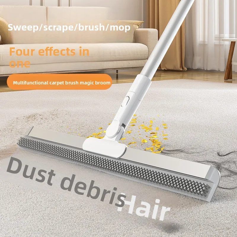 Rubber Broom Carpet Rake with Squeegee Long Handle for Pet Hair Fur Remover Broom for Fluff Carpet Hardwood Floor No Scratch