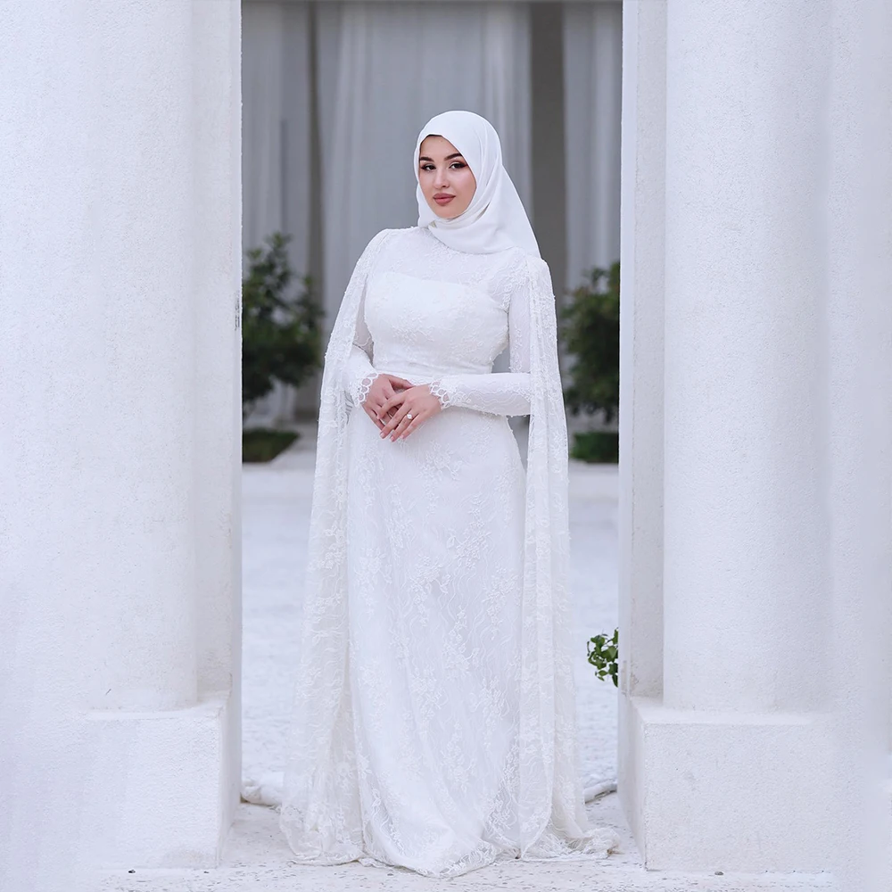 

Muslim Lace Wedding Dresses with Cape High Neck Long Sleeve Elegant Bride Dress Mermaid Bridal Gown Customized robe de mariée