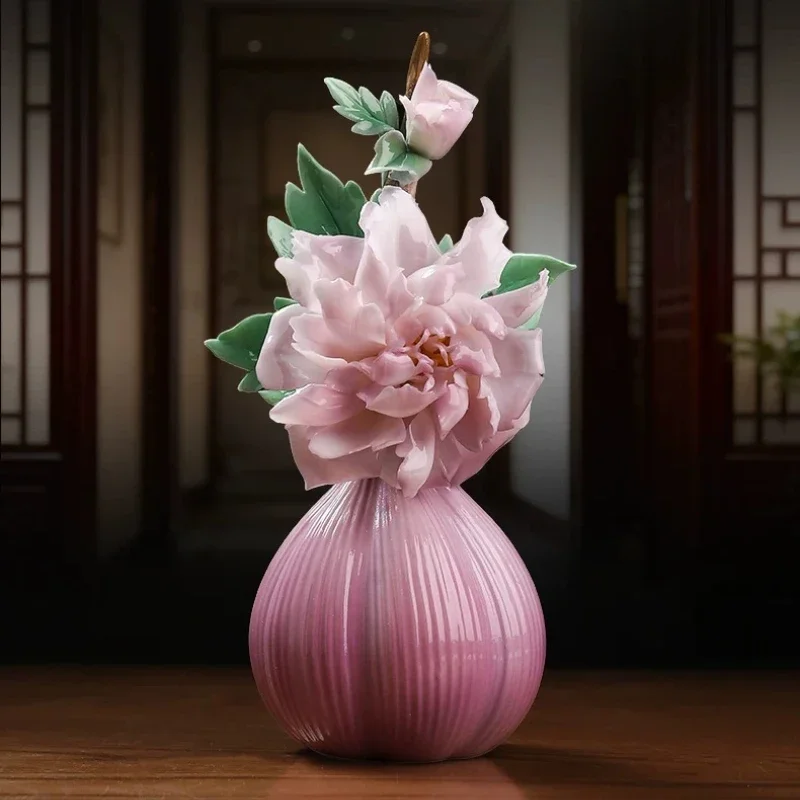 Handmade ceramic peony porcelain flower ornament vase living room ornament for mother