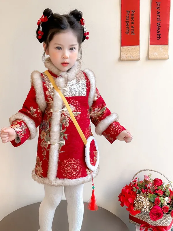 

Китайский Новый год, детская традиционная праздничная одежда Hanfu для девочек, детский костюм Тан, национальный костюм, сценическая одежда