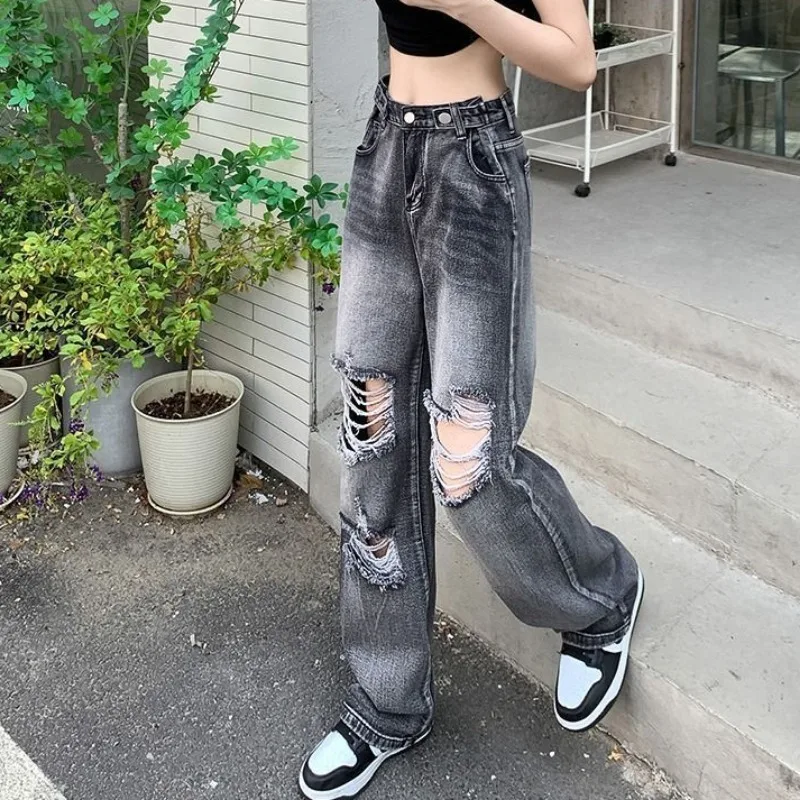 

Джинсы Ulzzang для женщин, летняя одежда, крутые девушки, ажурный ретро-дизайн, свободные длинные универсальные молодые уличные потертые джинсы