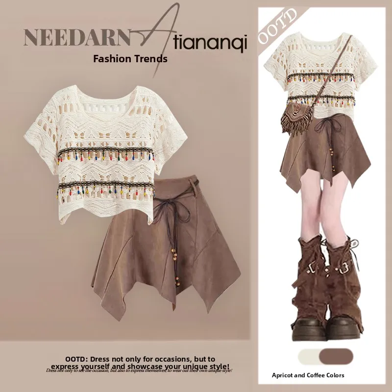 Large Size Summer Mermaid Two-Piece Set Women's Design Hollow out Top Strap Ethnic Style Retro  Skirt Fashion Set