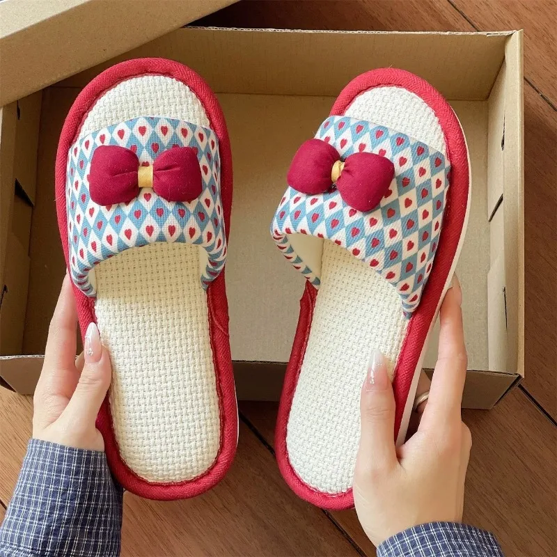 New Cute Butterfly Knot Cotton Hemp Slippers Home Silent Anti Slip One Line Dragging Soft Bottom Women Accessories Wholesale