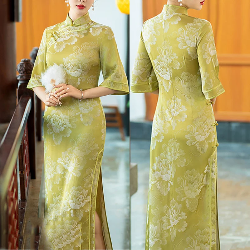 

Традиционный элегантный женский длинный Cheongsam, новый китайский стиль, улучшенный Qipao, шелковистый атласный принт, цветочные платья, сексуальные тонкие платья