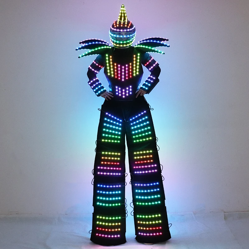 Full Color LED Robot Suit Light Up Stilts Walker Costume David Dance Color Luminous Clothing Laser Gloves CO2 Gun Jet Machine