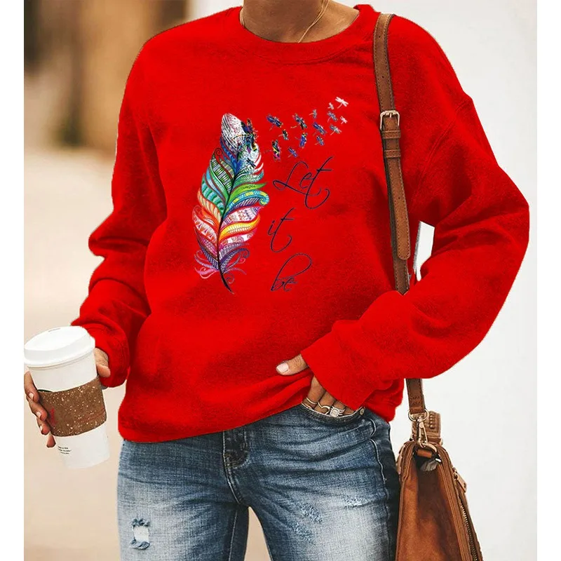 Let It Be Feather Print Long-sleeved Crew-neck Hoodie Sweatshirts Clothes Aesthetic Harajuku Sweatshirt Tops