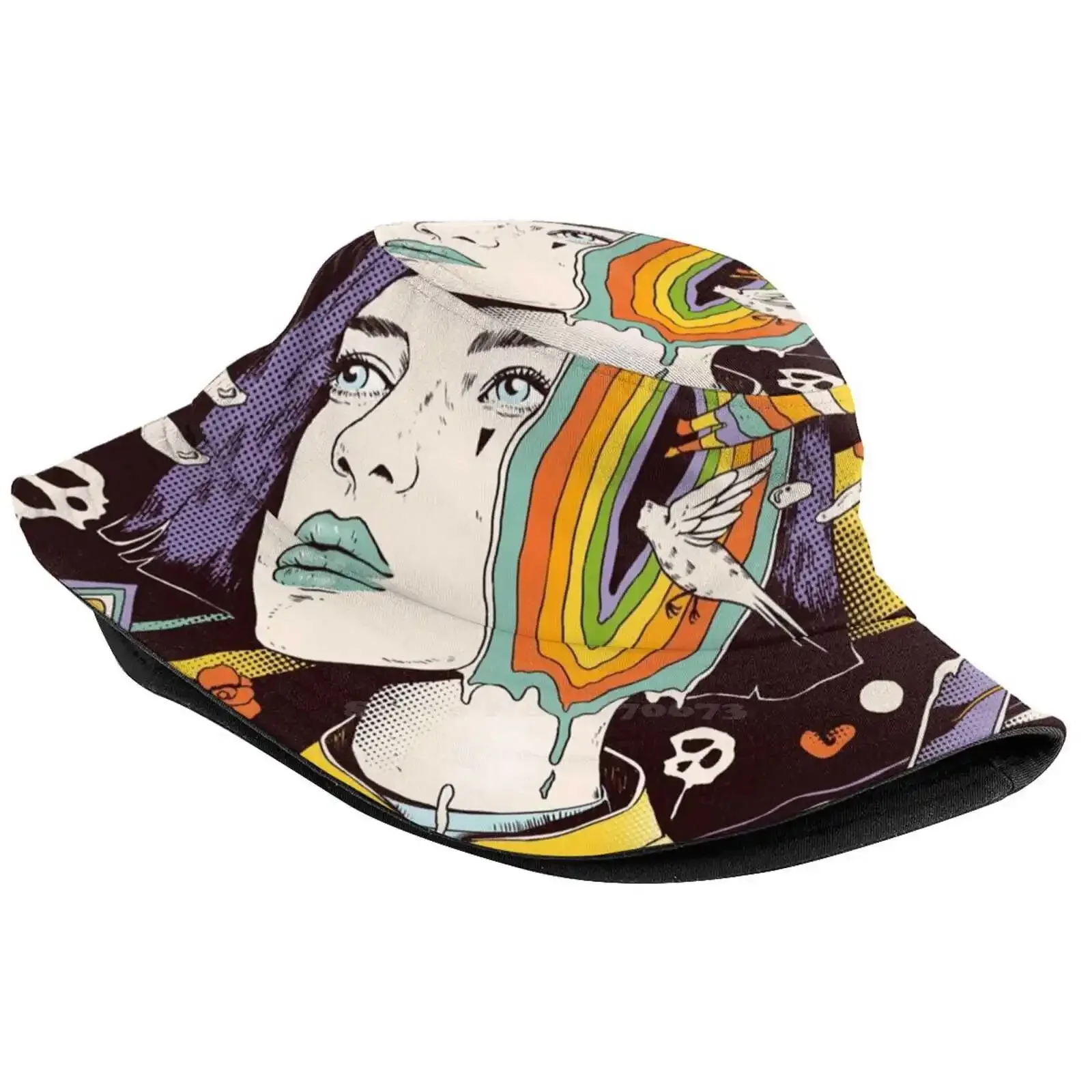 The Overthinker Unisex Fisherman Hats Bucket Hats Dream Mind Memory Rainbow Nature Surrealism Skull Death Existence Girl Comics