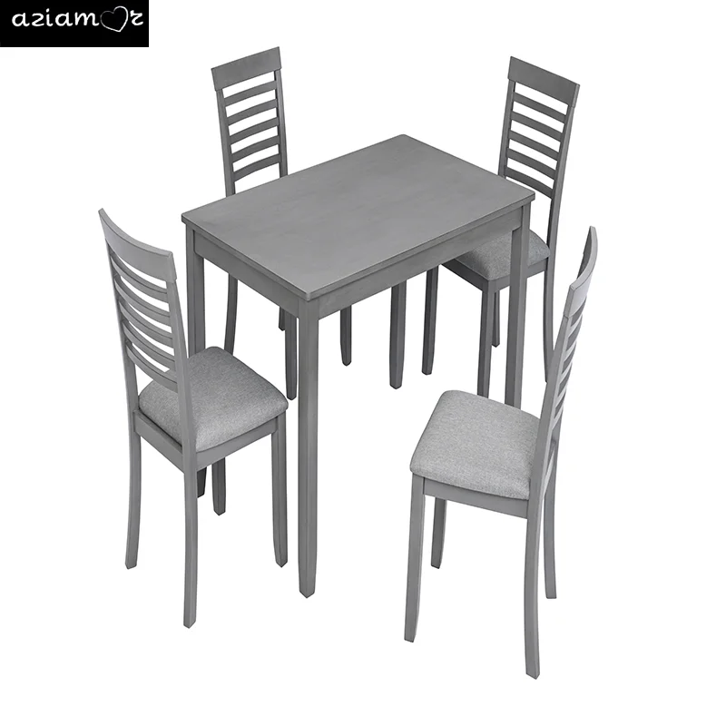 Jantar moderno grupo, mesa de jantar de madeira retangular com 4 cadeiras estofadas, para a cozinha, sala de jantar, cinza, 5 partes