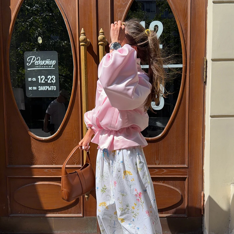 Übergroße, taillenbetonte, glänzende Oberflächenmäntel für Damen, Street-Style, Stehkragen, Laternenärmel, einfarbige, lockere Jacken, schicke Oberbekleidung – Detail 26
